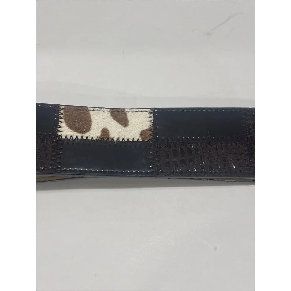 NINE WEST LEATHER PATCHWORK BROWN BELT WOMEN COWHIDE GOLD BUCKLE‎ SMALL PELLING